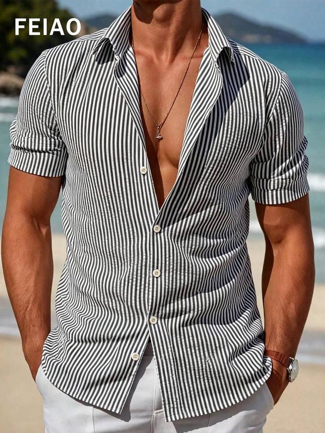 fiao men's vintage style striped short sleeve shirt
