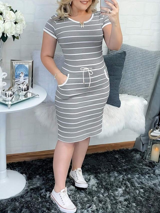 grey and white striped cotton jersey drawstring dress