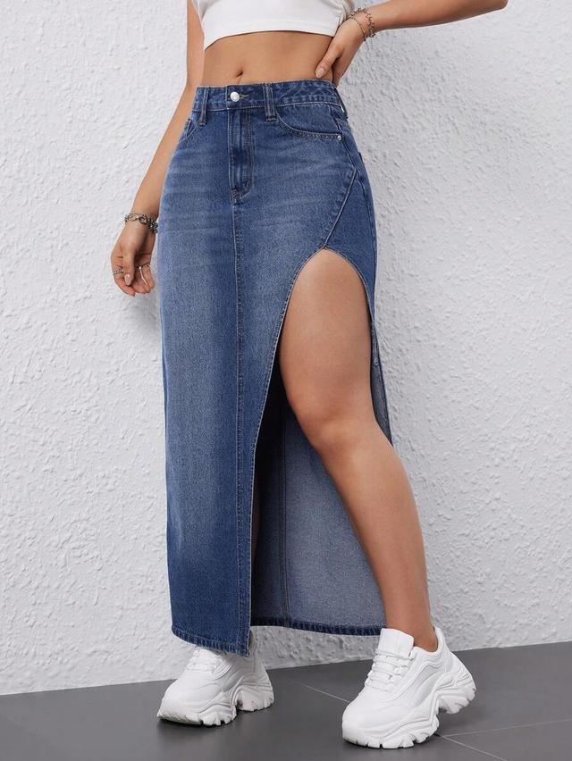 high-waisted denim midi skirt with side slit