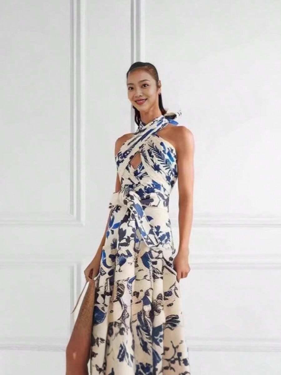 printed halter neck wrap midi dress