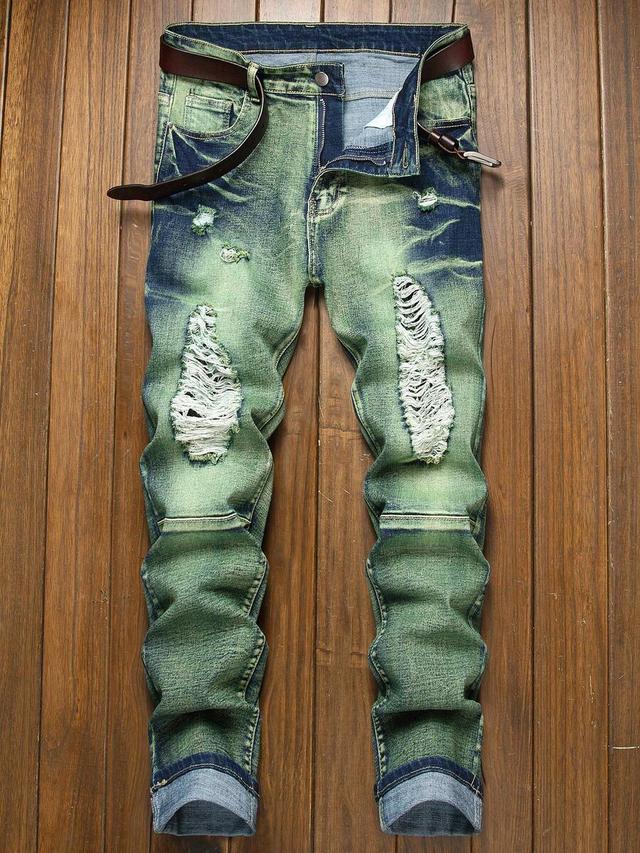 men's green distressed stretch skinny biker denim jeans