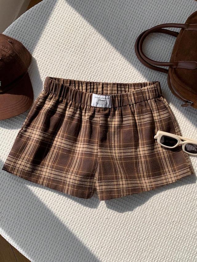 comfortcana women's summer casual plaid shorts brown and cream