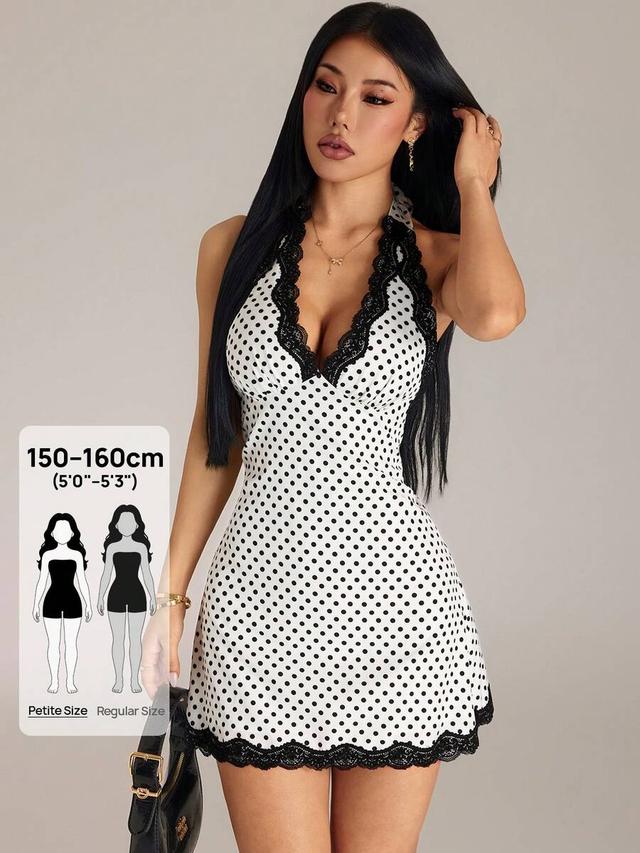white and black polka dot lace trim halter mini dress
