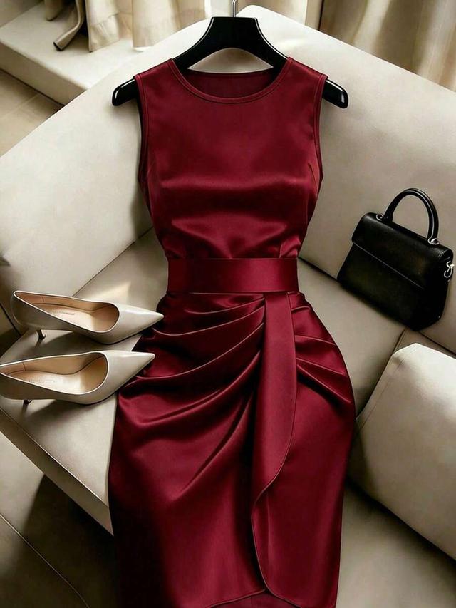 burgundy satin sleeveless draped waist midi dress