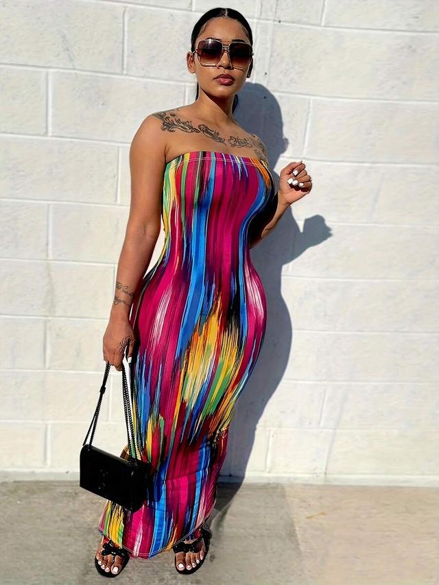 multicolor abstract print strapless bodycon maxi dress