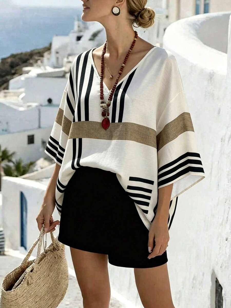 bohemian striped linen bamboo fiber v-neck flare blouse