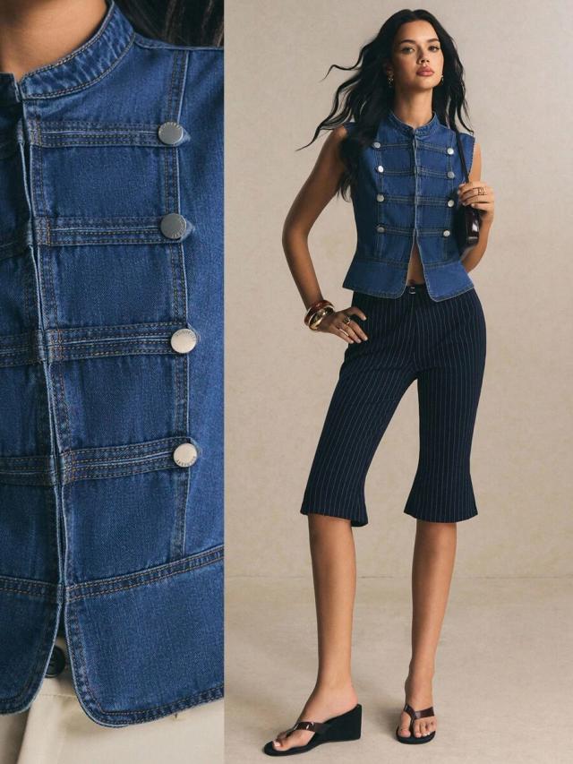 sleeveless military style button denim top