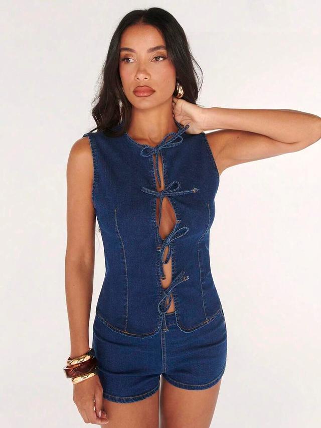 dark wash denim tie-front vest and matching shorts