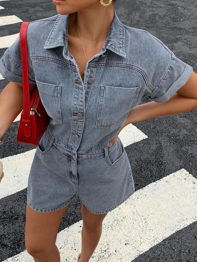 women's summer casual denim romper with rolled sleeves