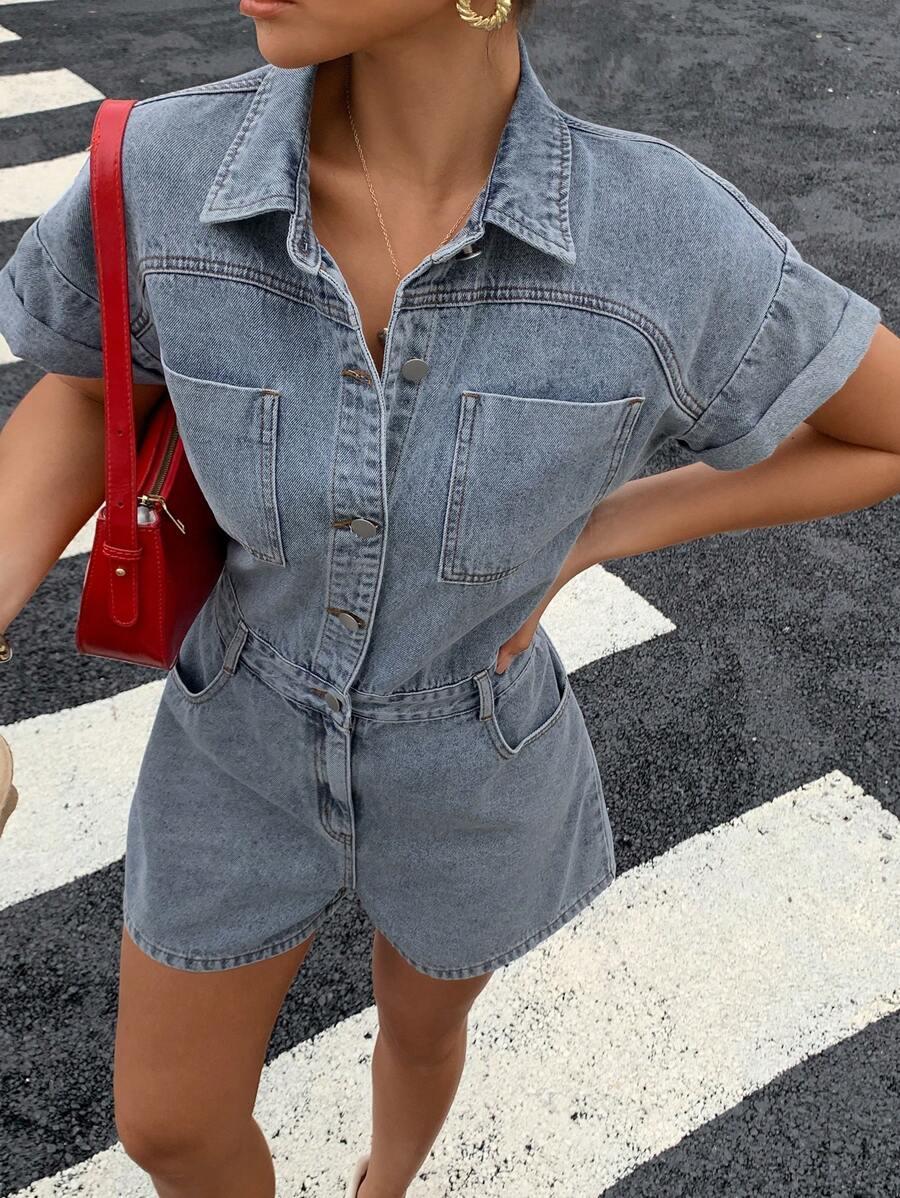 women's summer casual denim romper with rolled sleeves