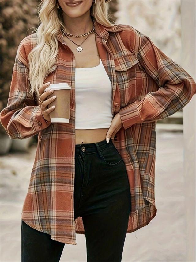 women's plaid shirt collar long sleeve drop shoulder top
