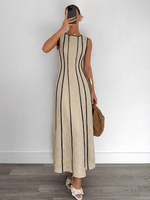 siren gaze sleeveless linen maxi dress with beige detail