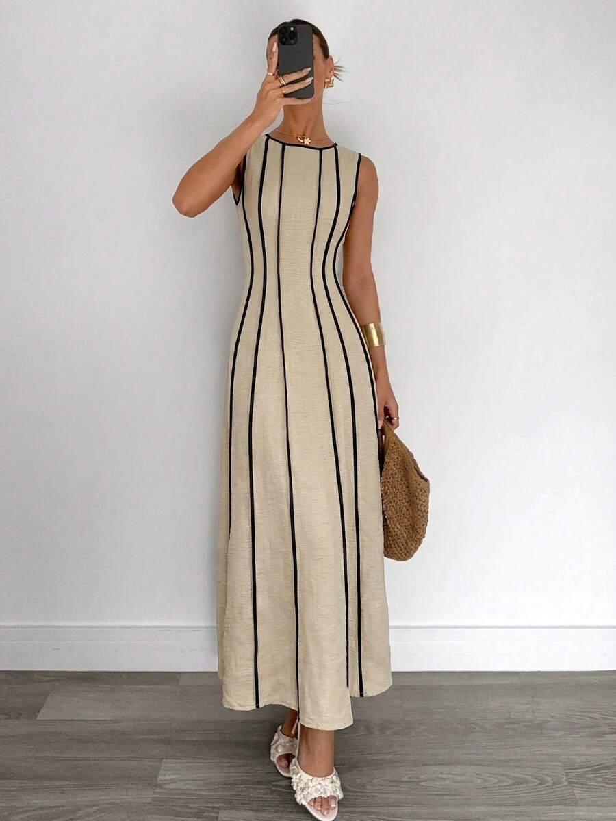 siren gaze sleeveless linen maxi dress with beige detail