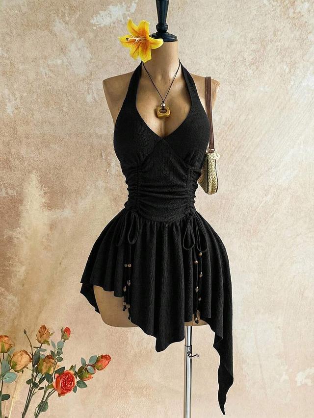 black textured halter neck mini dress with side ruching