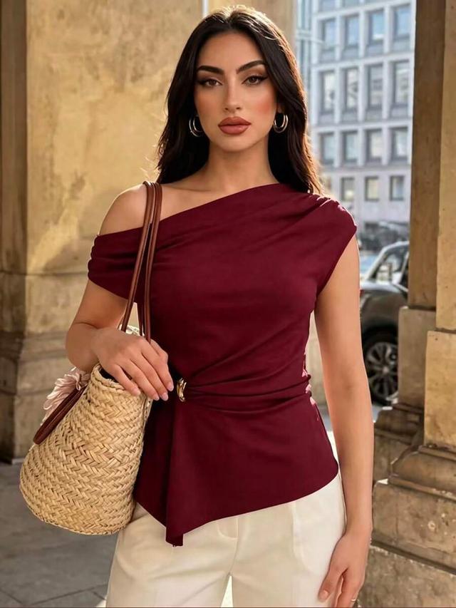 asymmetric burgundy gathered shoulder waist blouse