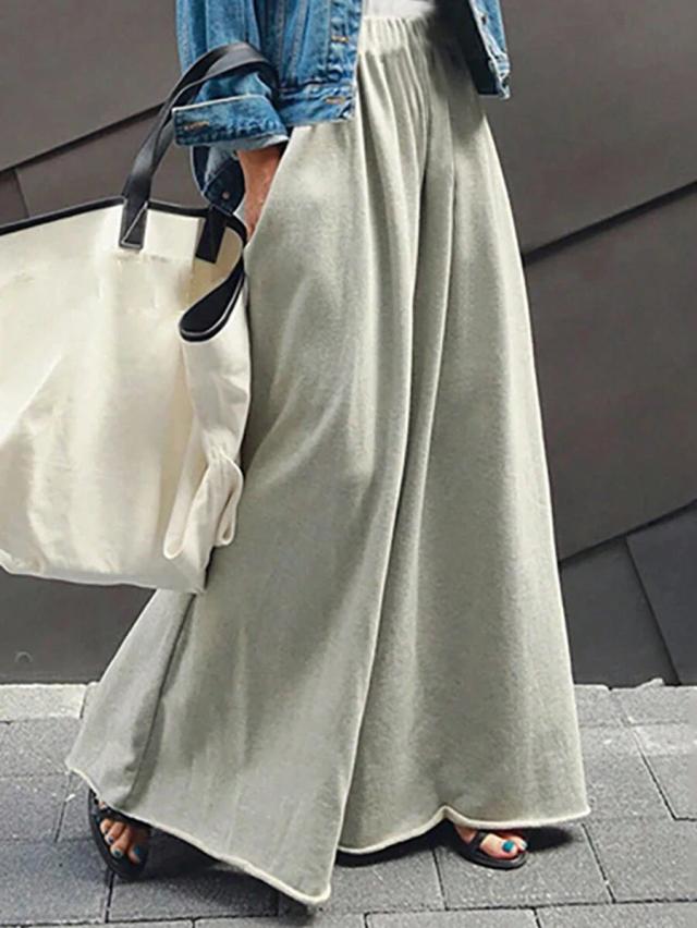 casual solid drawstring waist wide leg pants