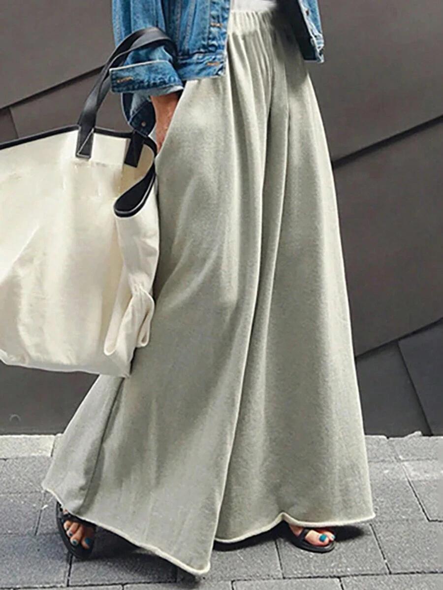 casual solid drawstring waist wide leg pants