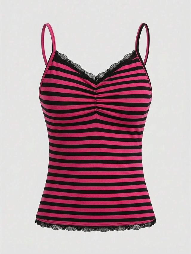 pink and black striped lace trim camisole