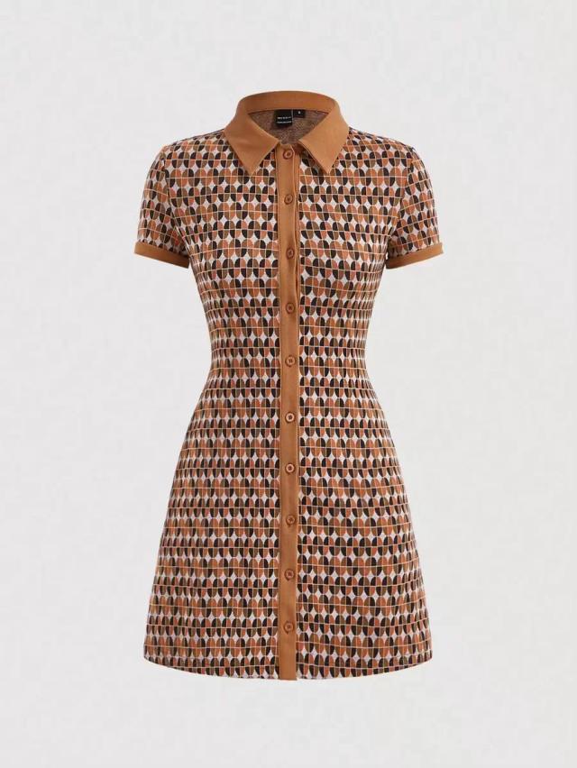 geometric print button up lapel mini dress