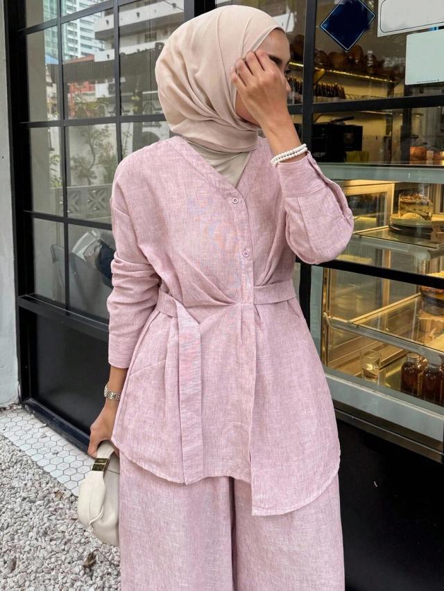 pink linen blend asymmetrical belted blouse