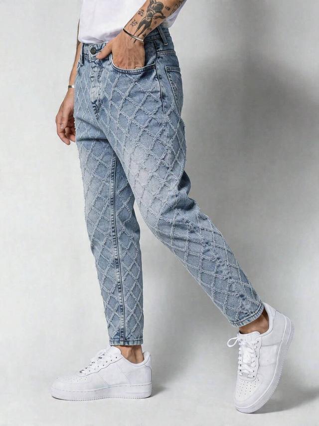 men's casual washed slim fit jeans with lattice distressing