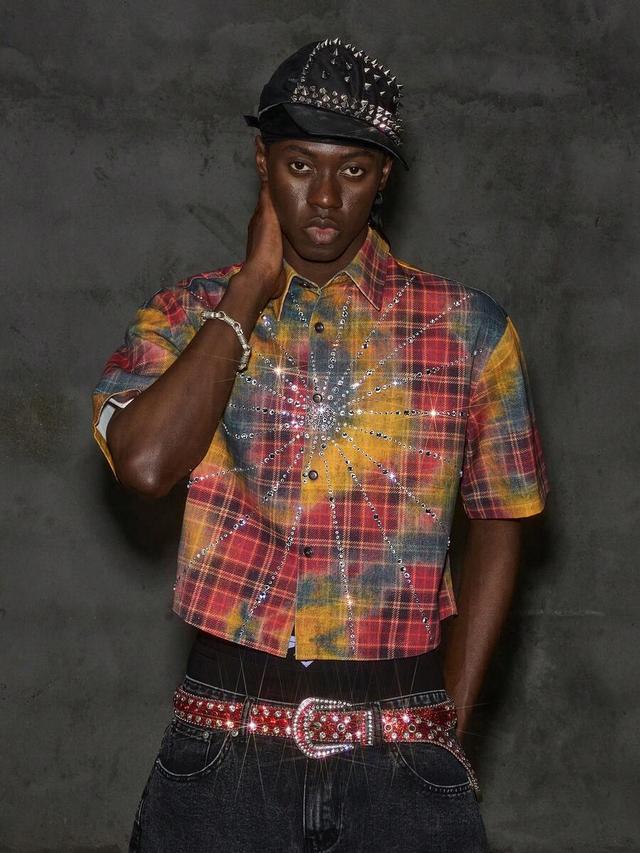 neon blanc rhinestone print plaid denim shirt