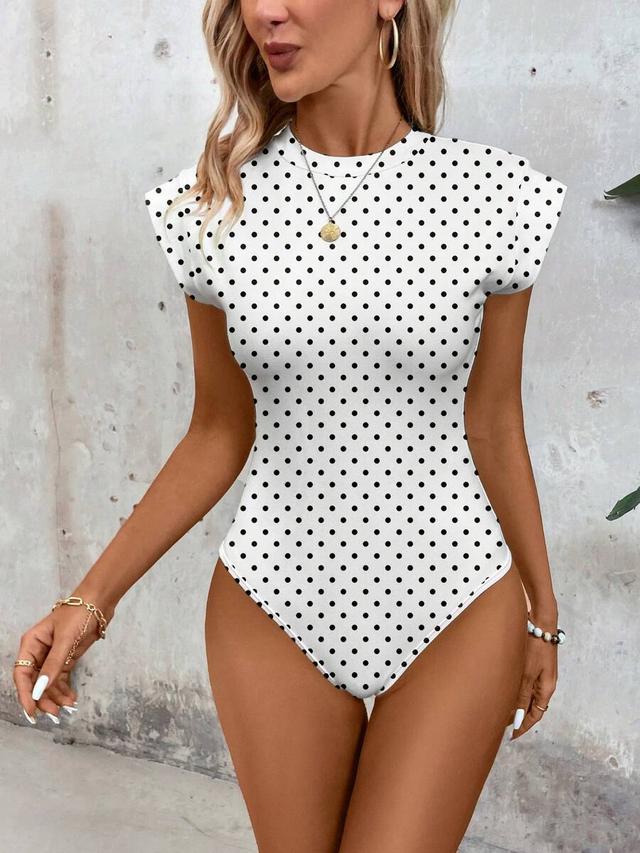 white polka dot print casual bodysuit