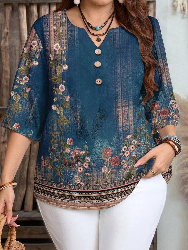 blue floral print 3/4 sleeve casual shirt