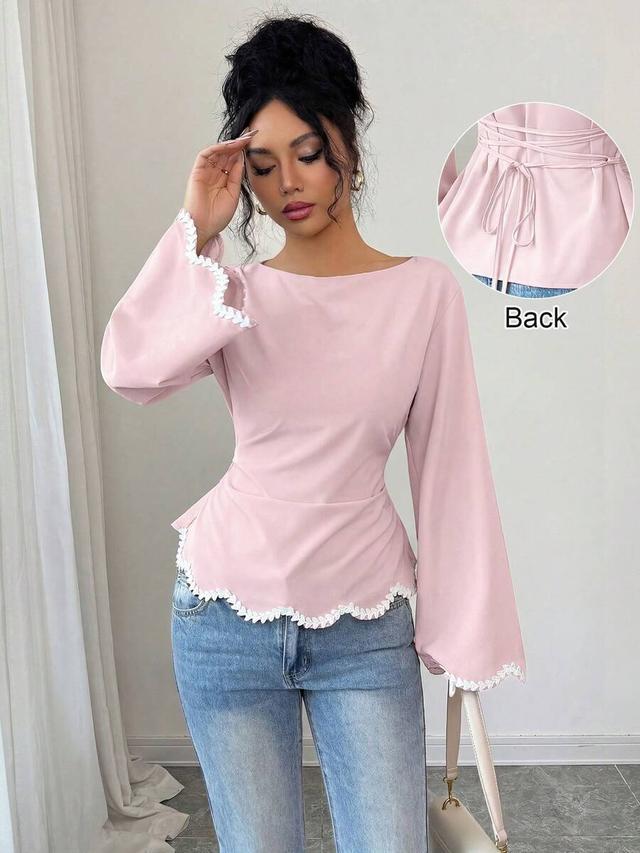 pink wavy heart woven trim ruched waist blouse