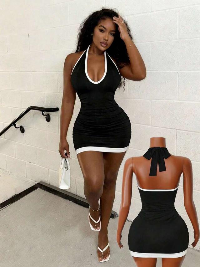 black and white colorblock halter mini bodycon dress