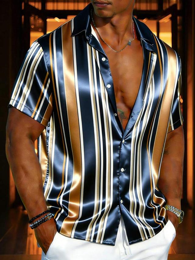 navy and gold striped silky satin short sleeve shirt