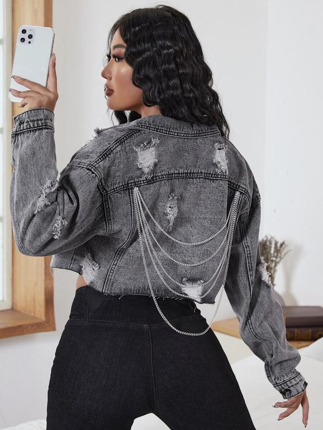 distressed grey denim cropped jacket with chain detail