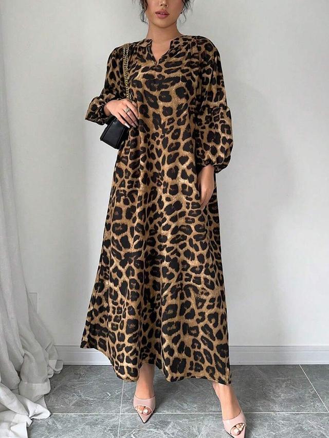 leopard print notched v-neck lantern sleeve maxi dress