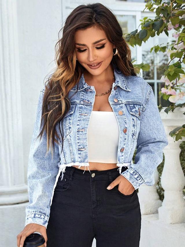 light wash cropped denim jacket with raw hem