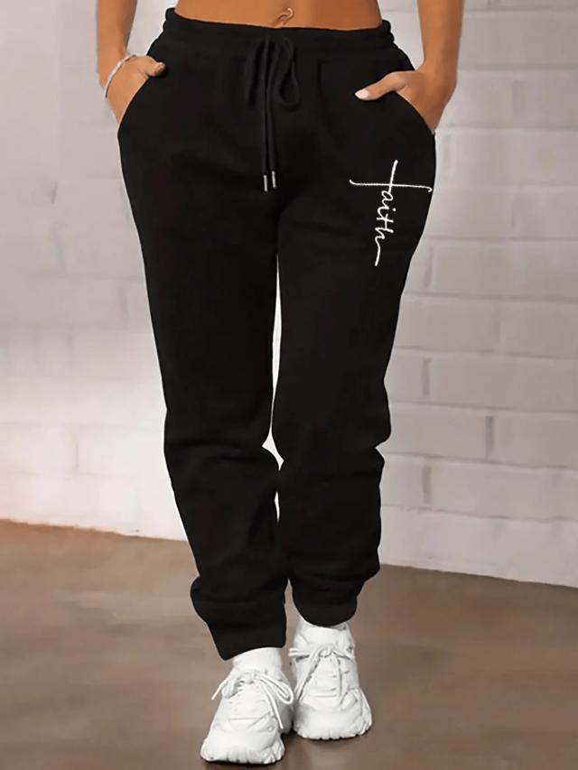 women's casual black fleece joggers with letter print