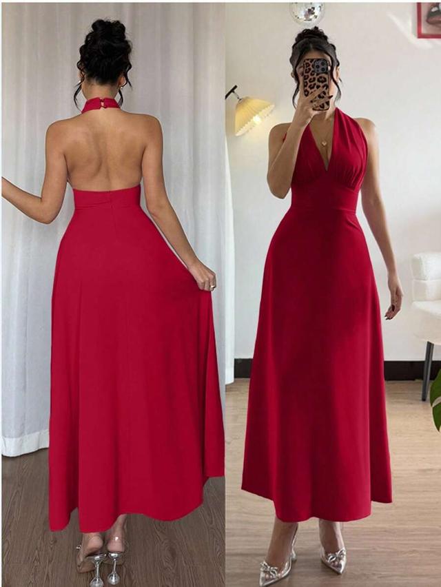 solid red halter backless sleeveless long dress