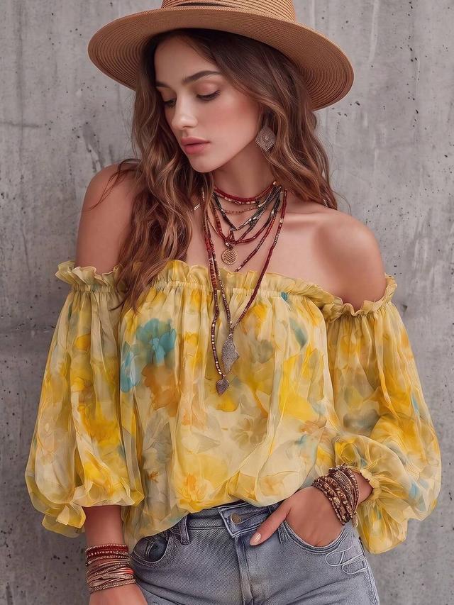 yellow floral print off-shoulder sheer blouse