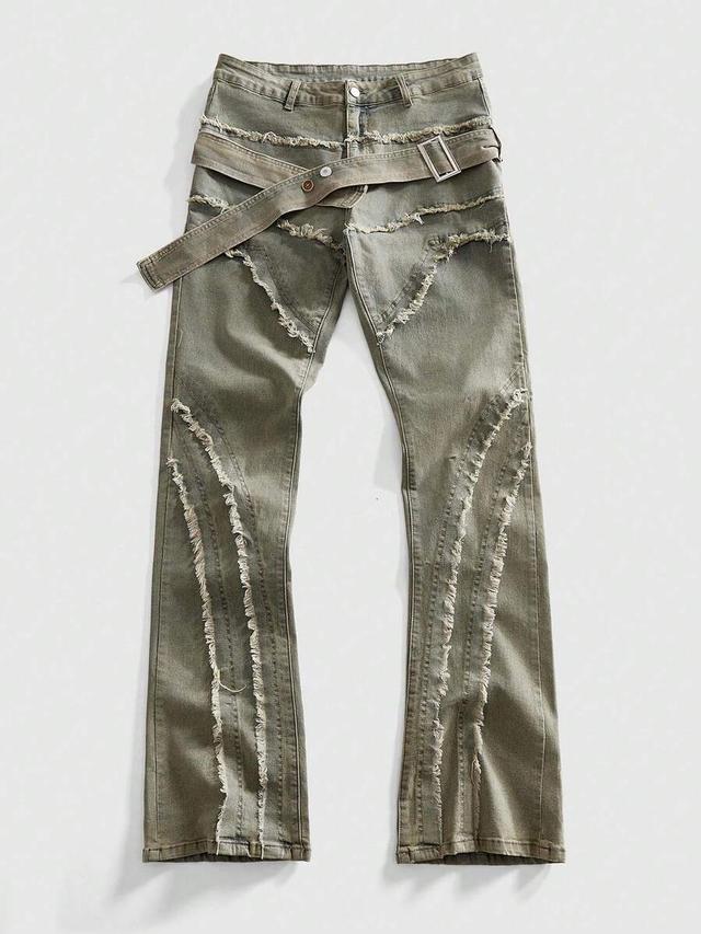 distressed layered denim jeans with integrated belt