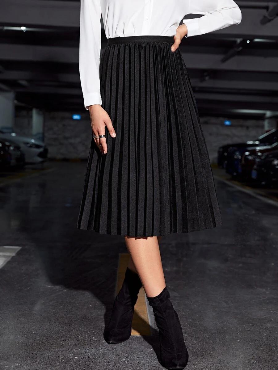 shein lune solid black pleated midi skirt