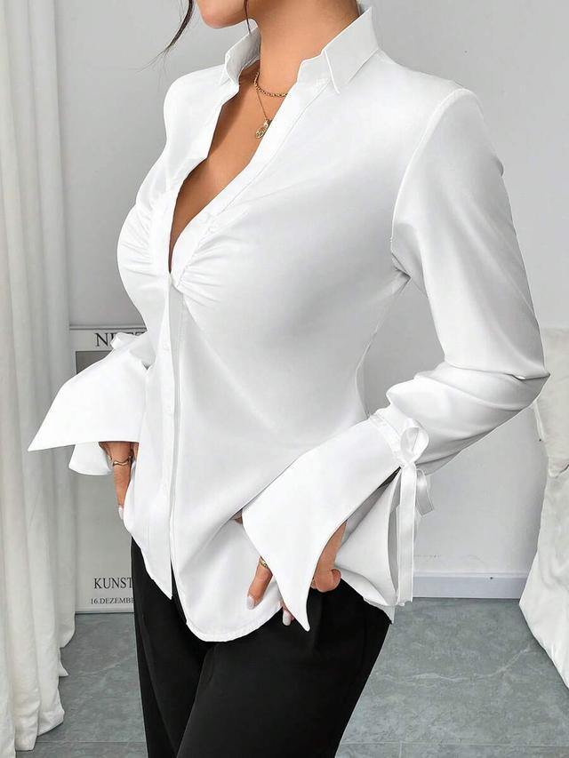 white casual office ruffle flare sleeve blouse