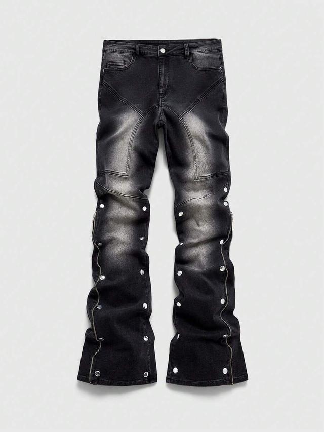 washed black denim flare jeans with rivet zipper details