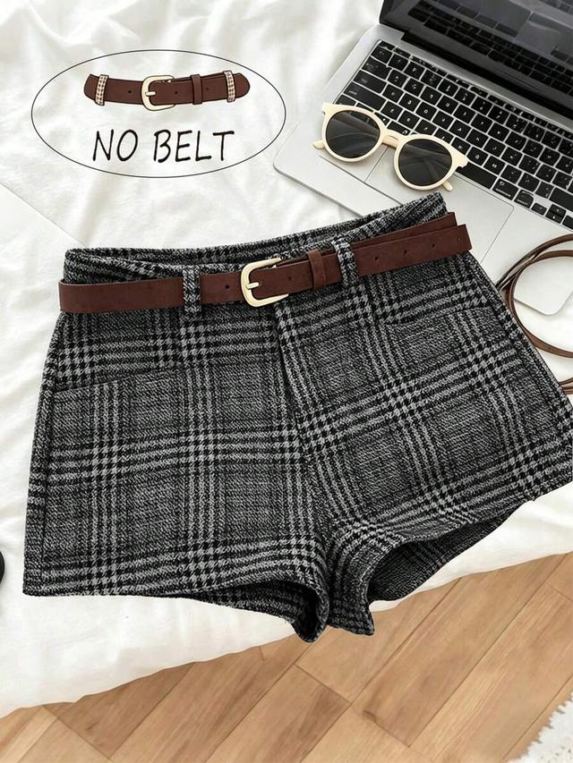grey plaid retro-chic grey plaid wool high-waisted shorts