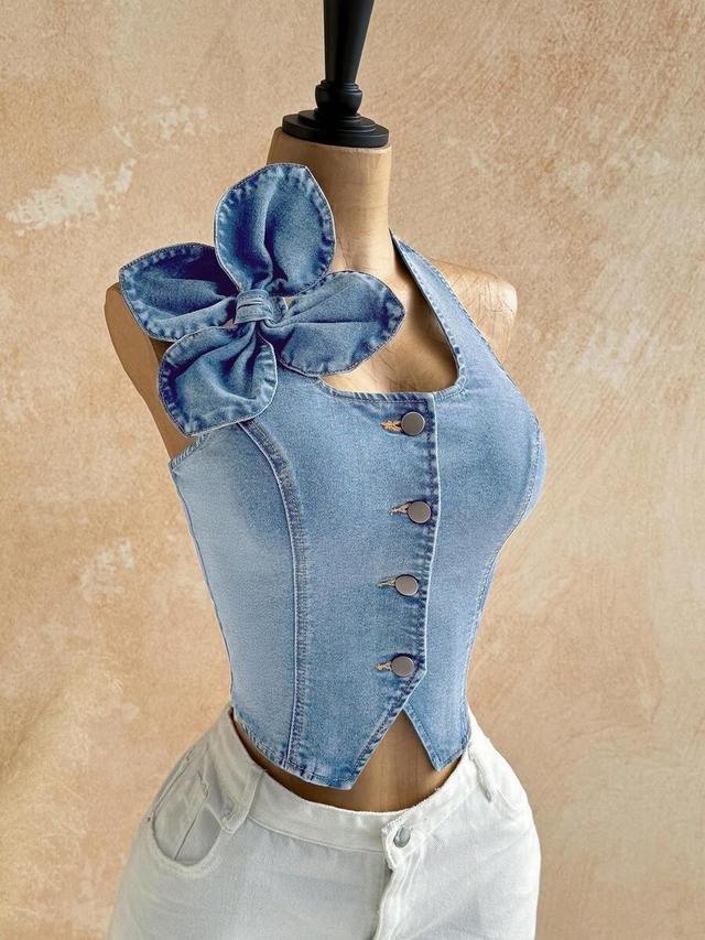 denim halter blouse with 3d floral applique