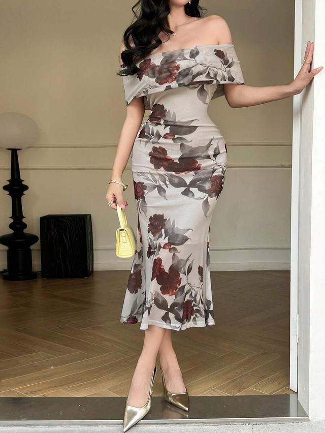 off shoulder floral print mesh bodycon midi dress