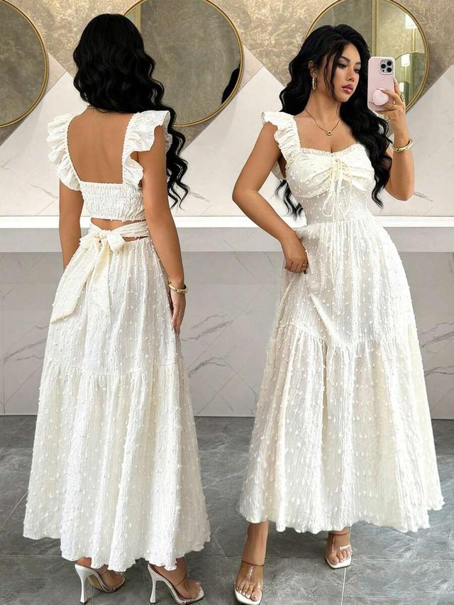 white square neck textured tie-up backless midi dress