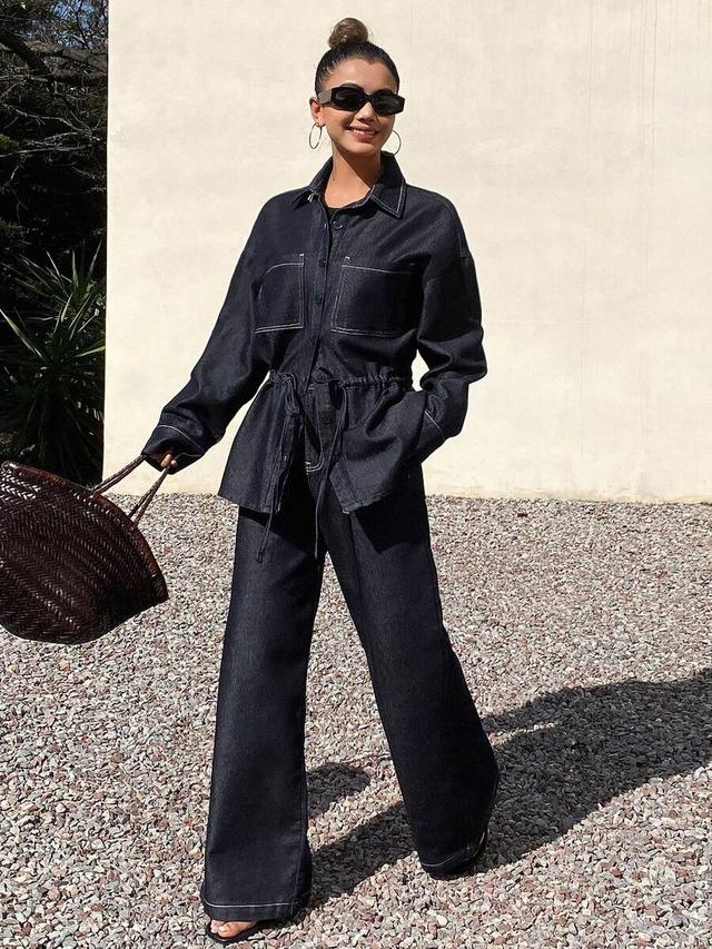dark denim shirt with matching wide-leg trousers