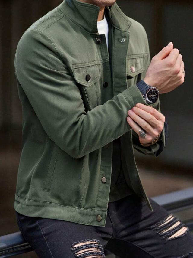 men's military green slim fit stretch denim jacket