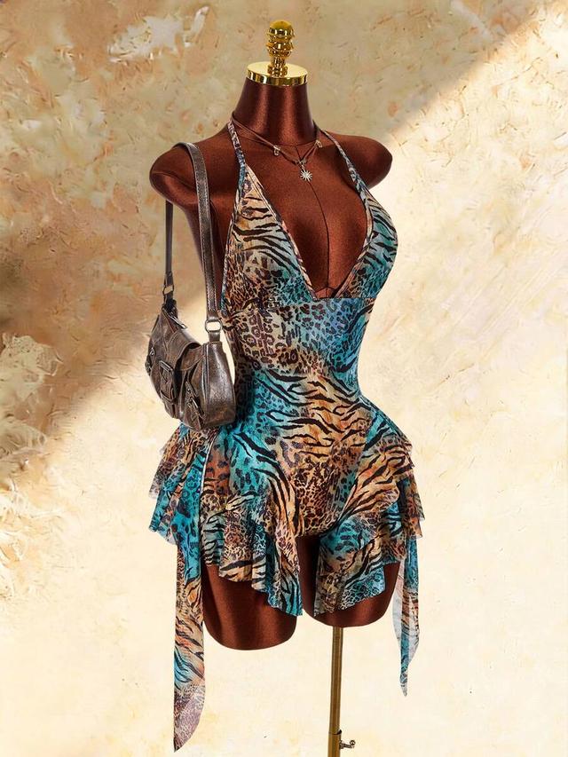 low-cut v-neck leopard and zebra print halter romper