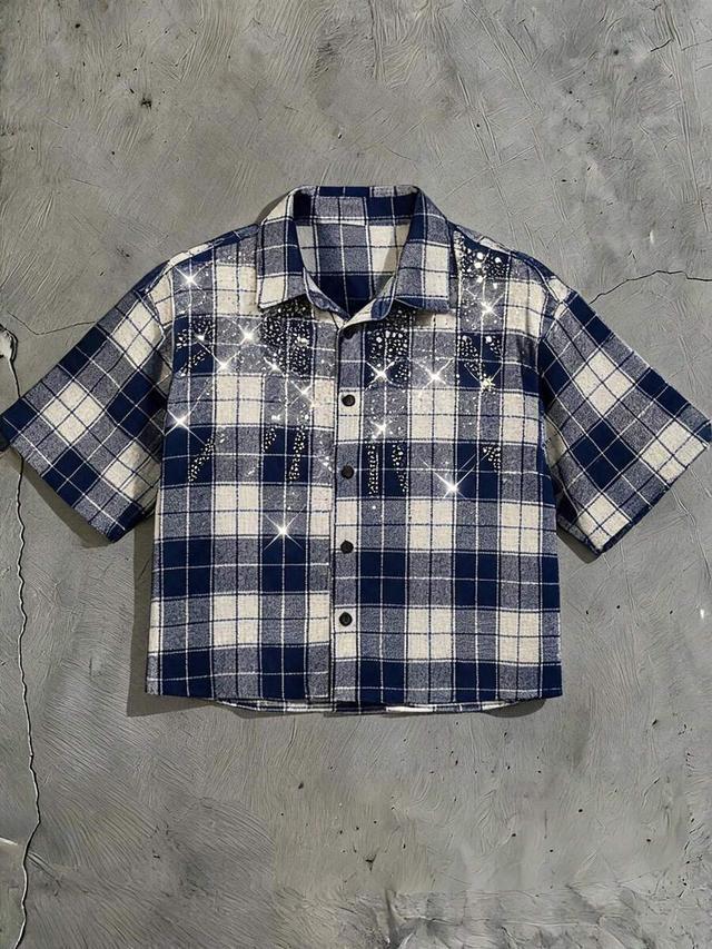 blue and white plaid rhinestone studded casual shirt
