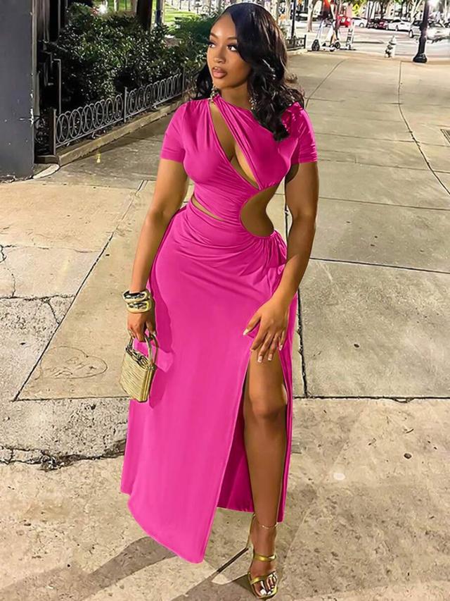 pink asymmetrical hollow out ruched high slit dress